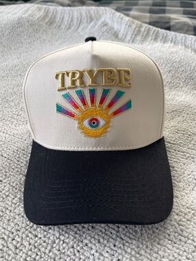 TRYBE Spirit of the Night Hat Embroidered Eye Snapback Cream Black Festival Cap